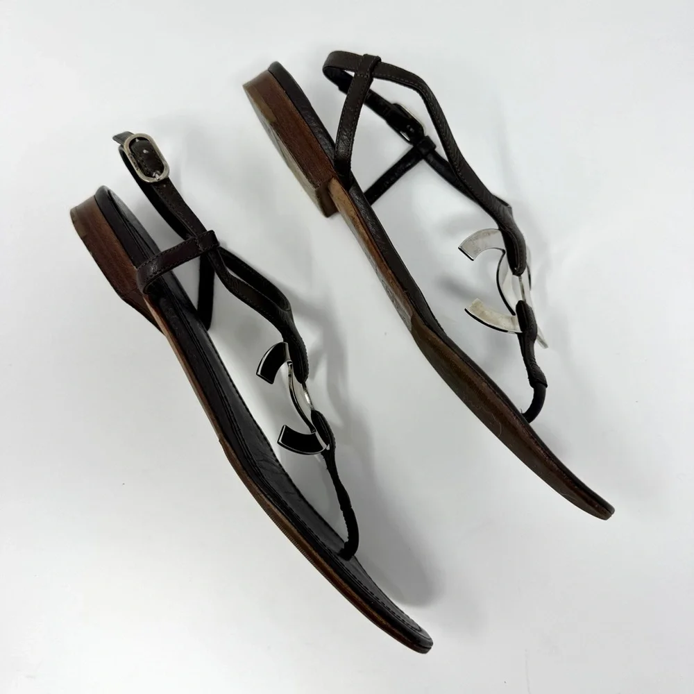 Chanel Dark Brown Leather Silver CC Logo T-Strap Thong Sandals